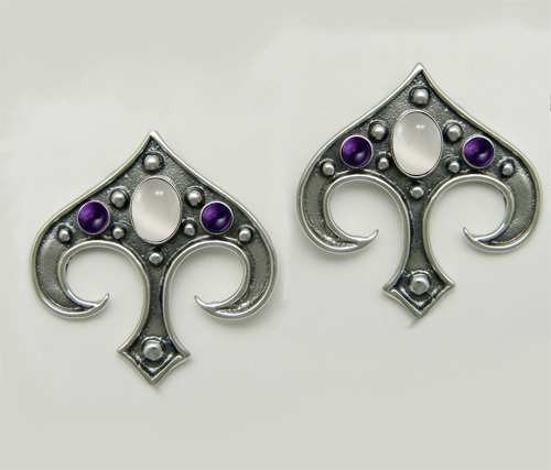 Sterling Silver Gothic Inspired Drop Dangle Earrings With White Moonstone And Amethyst